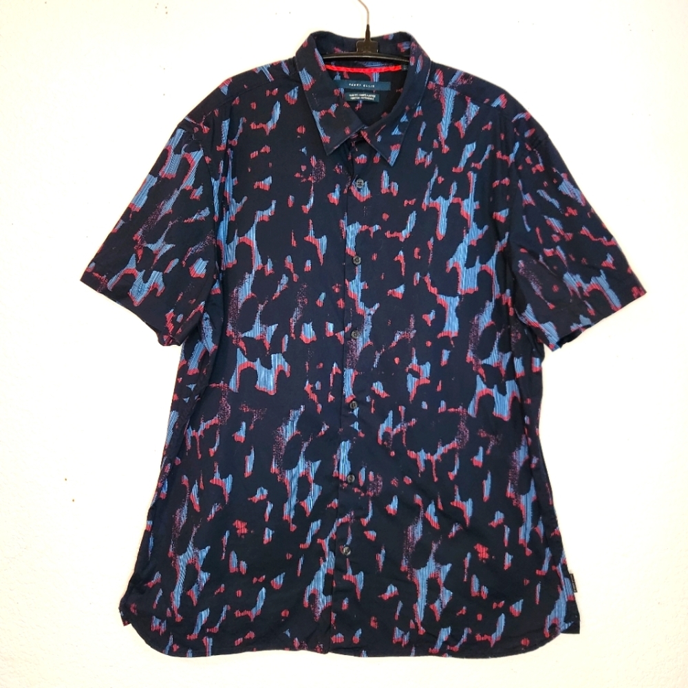 Perry Ellis‎ Principles Patterned Short Sleeve Shirt, Blue & Red, XL Slim Fit